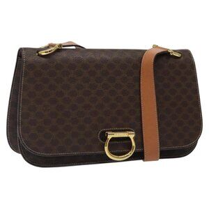 Authentic CELINE Macadam Canvas Shoulder Bag PVC Leather Brown Gold